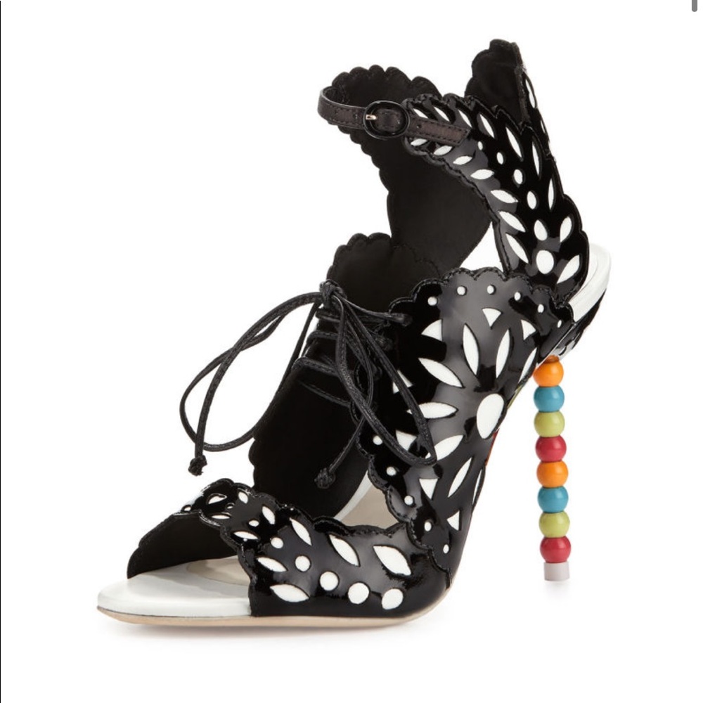 Sophia Webster’s Kiera doily- patterned patent sandal- black and white. NWT